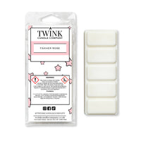 Fakher Rose inspired 50g soy wax melt snap bar in its packet beside the unwrapped bar and its five segments