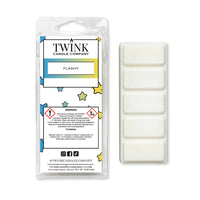 Flashy inspired 50g soy wax melt snap bar in its packet beside the unwrapped bar and its five break-apart segments