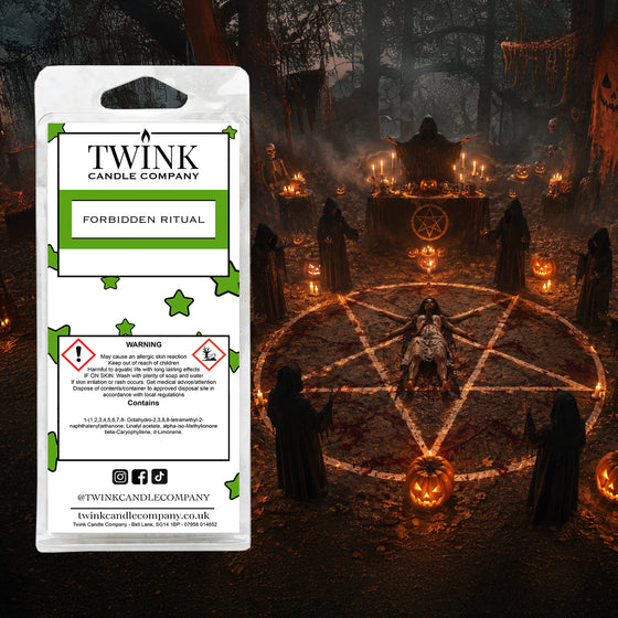 Forbidden Ritual soy wax melt snap bar by Twink Candle Company, in a dark, candlelit mystical scene