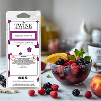 Forest Fruits soy wax melt snap bar by Twink Candle Company, with a glass bowl of blackberries, raspberries and peach