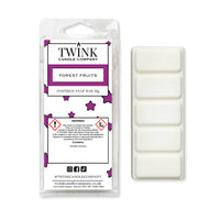 Forest Fruits 50g soy wax melt snap bar in its packet beside the unwrapped bar and its five break-apart segments