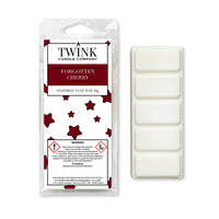 Forgotten Cherry 50g soy wax melt snap bar in its packet beside the unwrapped bar and its five break-apart segments