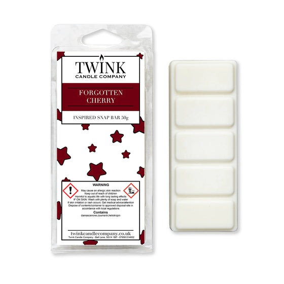 Forgotten Cherry 50g soy wax melt snap bar in its packet beside the unwrapped bar and its five break-apart segments