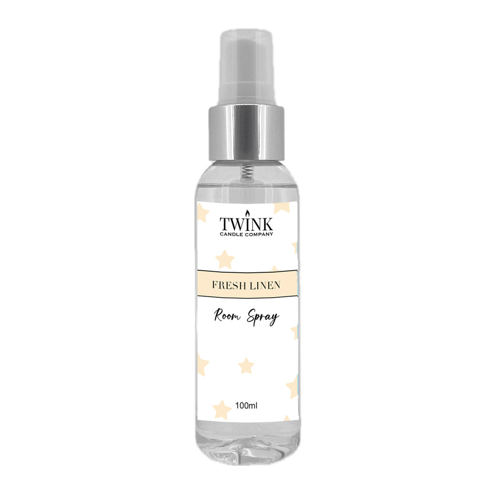 Fresh Linen inspired room spray by Twink Candle Company, a clear 100ml bottle with a spray top