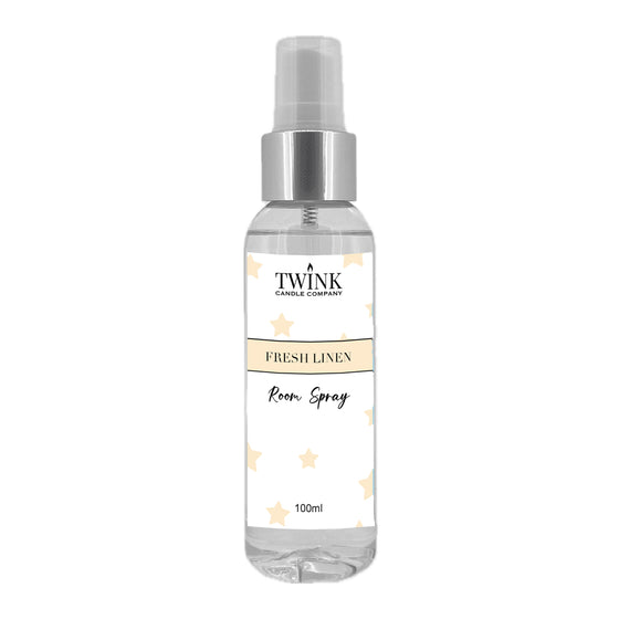 Fresh Linen inspired room spray by Twink Candle Company, a clear 100ml bottle with a spray top