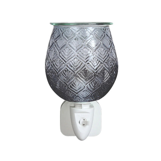 Grey glass leaf plug-in wax and oil burner by Twink Candle Company, patterned grey glass