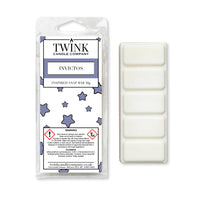 Invictos inspired 50g soy wax melt snap bar in its packet beside the unwrapped bar and its five break-apart segments