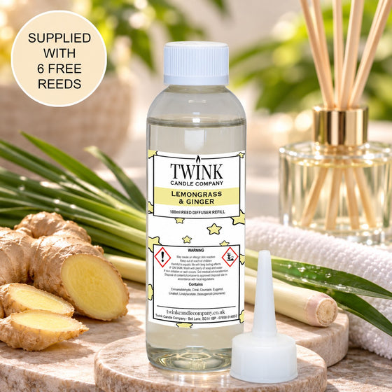 Lemongrass & Ginger reed diffuser refill by Twink Candle Company, a 100ml bottle with fresh lemongrass and root ginger