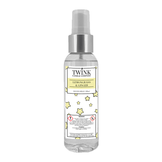 Lemongrass & Ginger inspired room spray by Twink Candle Company, a clear 100ml bottle with a spray top