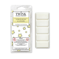 Lemongrass & Ginger 50g soy wax melt snap bar in its packet beside the unwrapped bar and its five break-apart segments