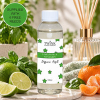 Lime, Basil & Mandarin reed diffuser refill by Twink Candle Company, a 100ml bottle with fresh lime, mandarin and herbs