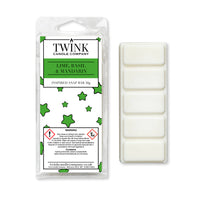 Lime, Basil & Mandarin 50g soy wax melt snap bar in its packet beside the unwrapped bar and its five break-apart segments