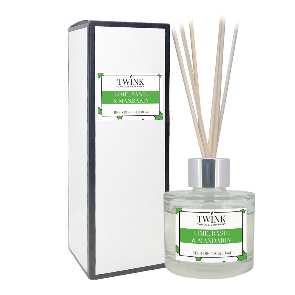 Lime, Basil & Mandarin reed diffuser by Twink Candle Company, a 100ml glass bottle with reeds beside its gift box