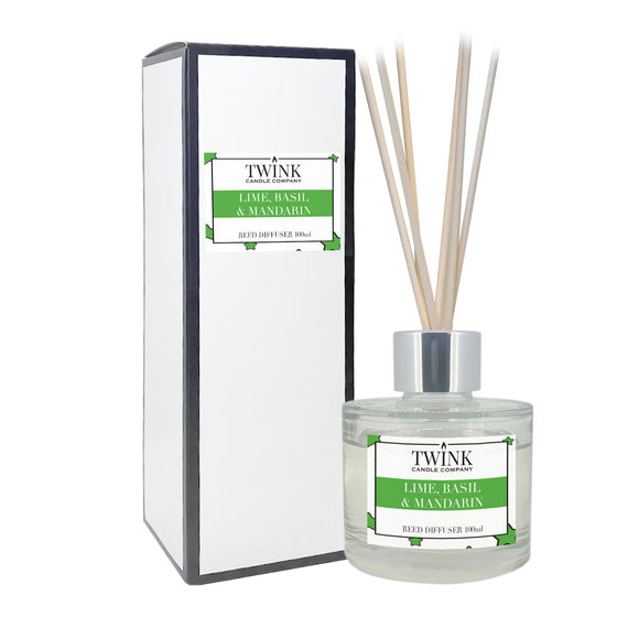 Lime, Basil & Mandarin reed diffuser by Twink Candle Company, a 100ml glass bottle with reeds beside its gift box