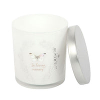 Butterflies In Loving Memory candle by Twink Candle Company, a white glass jar with a butterfly wreath and silver lid