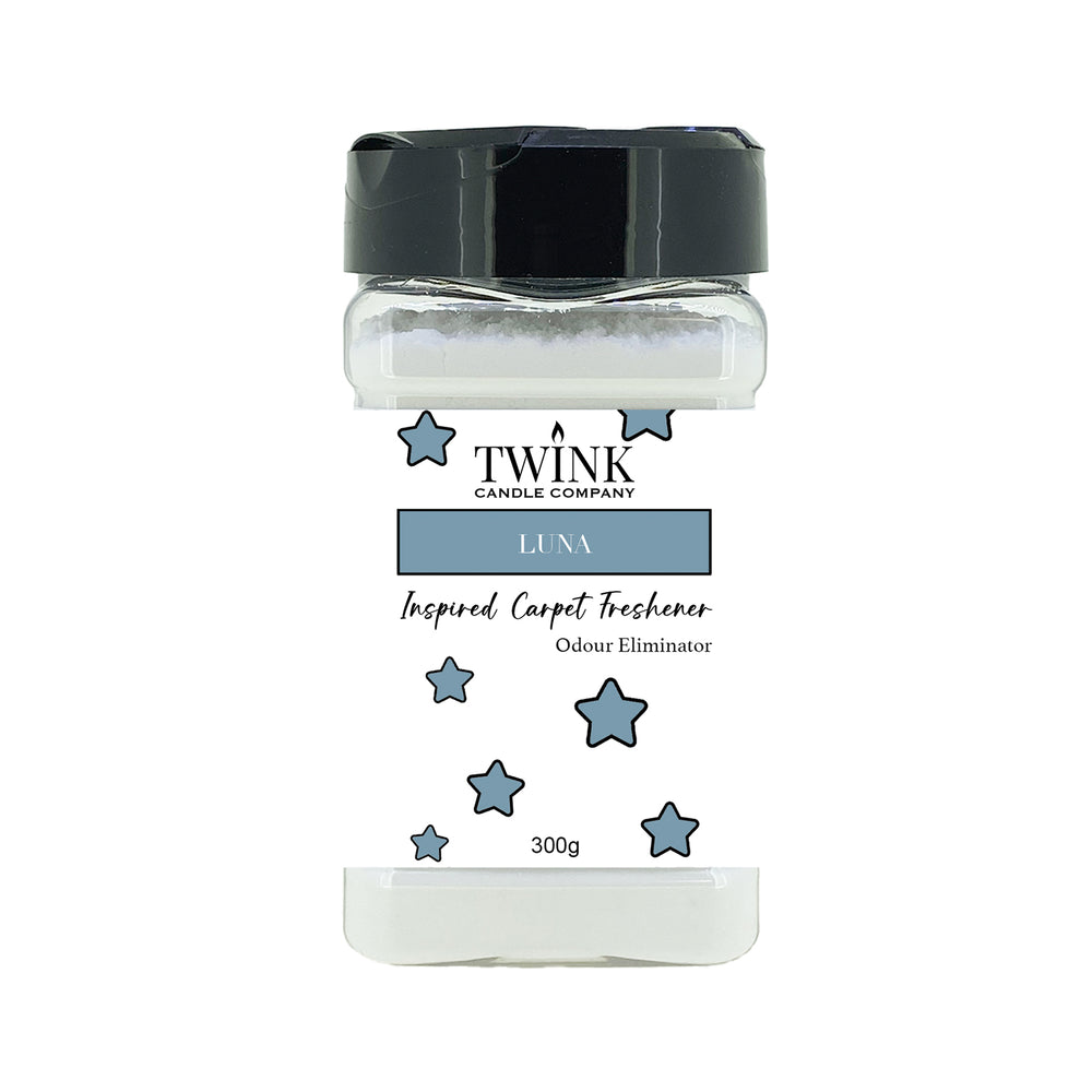 Luna inspired carpet freshener by Twink Candle Company, a 300g shaker jar of odour-eliminating powder