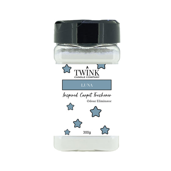 Luna inspired carpet freshener by Twink Candle Company, a 300g shaker jar of odour-eliminating powder