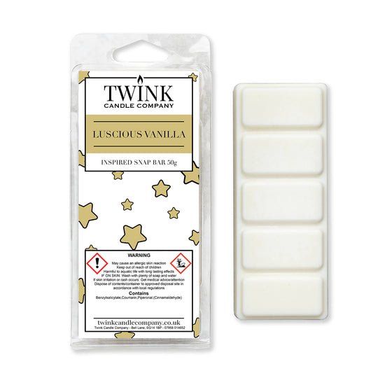 Luscious Vanilla 50g soy wax melt snap bar in its packet beside the unwrapped bar and its five break-apart segments