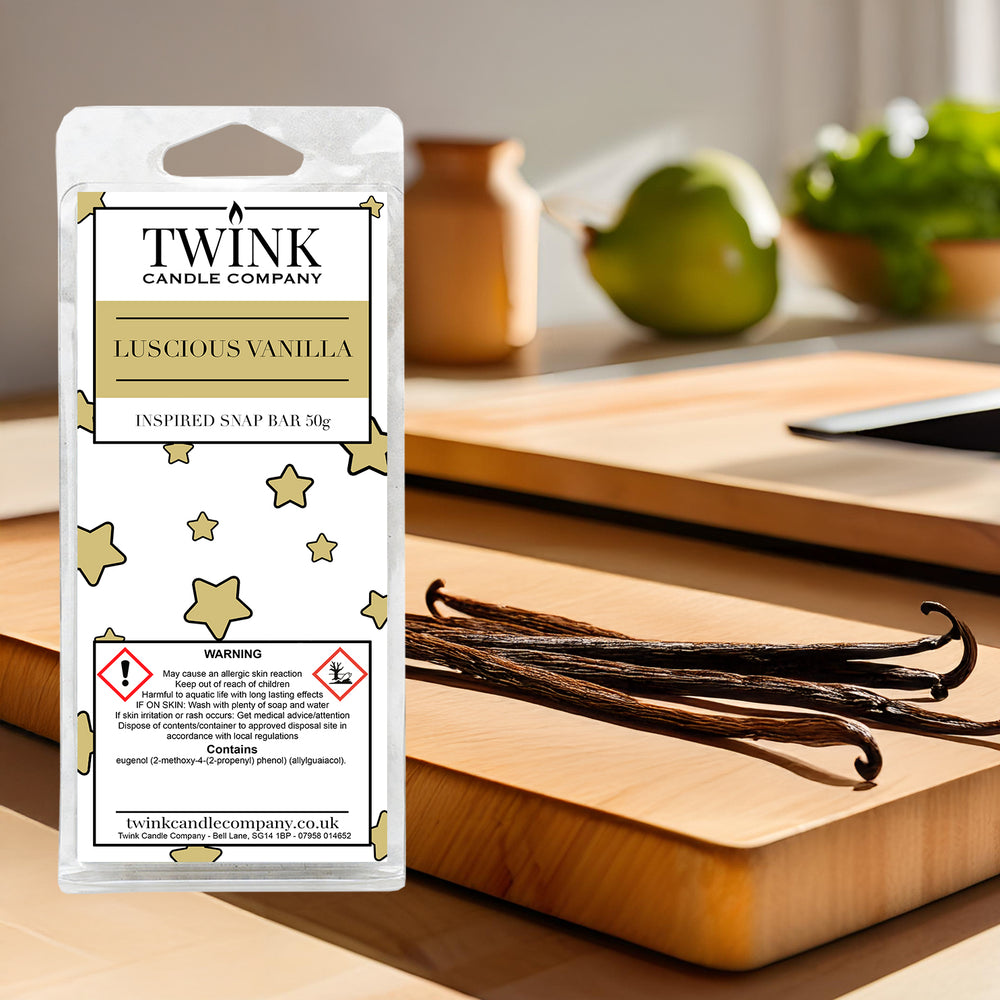 Luscious Vanilla soy wax melt snap bar by Twink Candle Company, with vanilla pods on a wooden board in a sunlit kitchen