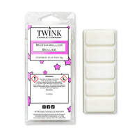 Marshmallow Boujee inspired 50g soy wax melt snap bar in its packet beside the unwrapped bar and its five segments