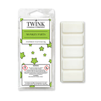 Monkey Farts 50g soy wax melt snap bar in its packet beside the unwrapped bar and its five break-apart segments