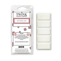 Mothers Love inspired 50g soy wax melt snap bar in its packet beside the unwrapped bar and its five segments
