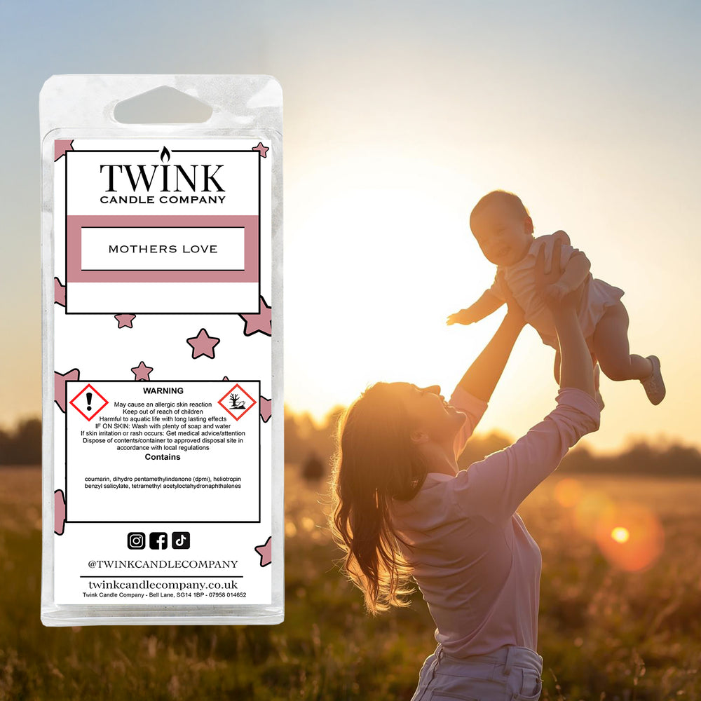 Mothers Love inspired soy wax melt snap bar by Twink Candle Company, with a mother lifting her child at sunset