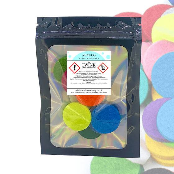 Nenuco scented hoover discs by Twink Candle Company, a resealable pouch of 8 with pastel discs behind