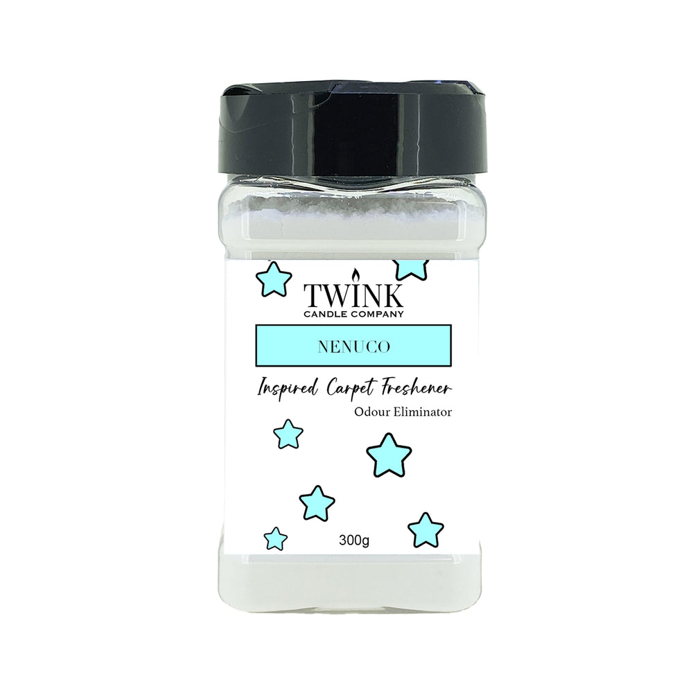 Nenuco inspired carpet freshener by Twink Candle Company, a 300g shaker jar of odour-eliminating powder