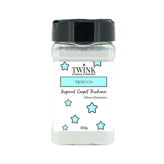 Nenuco inspired carpet freshener by Twink Candle Company, a 300g shaker jar of odour-eliminating powder
