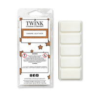 Ombre Leather inspired 50g soy wax melt snap bar in its packet beside the unwrapped bar and its five segments