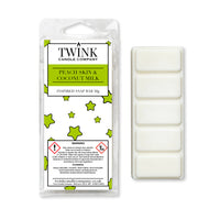 Peach Skin & Coconut Milk inspired 50g soy wax melt snap bar in its packet beside the unwrapped bar and its five segments