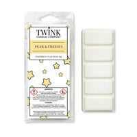 Pear & Freesia 50g soy wax melt snap bar in its packet beside the unwrapped bar and its five break-apart segments