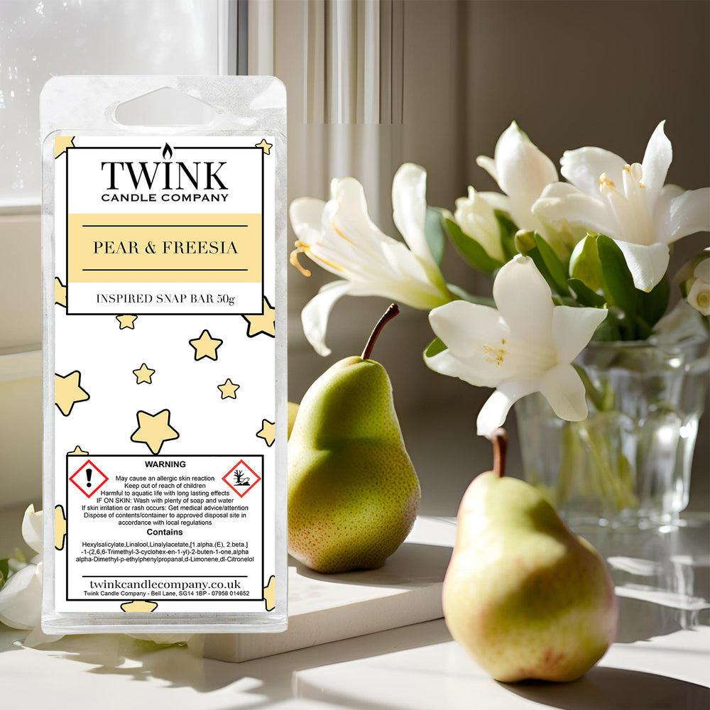 Pear & Freesia soy wax melt snap bar by Twink Candle Company, with ripe pears and white freesia flowers by a sunlit window