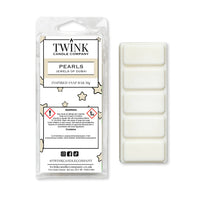 Pearls (Jewels of Dubai) inspired 50g soy wax melt snap bar in its packet beside the unwrapped bar and its five segments