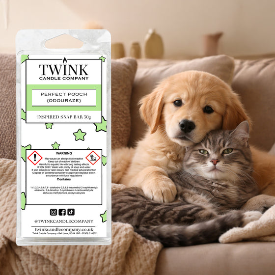 Perfect Pooch inspired soy wax melt snap bar by Twink Candle Company, with a puppy and kitten curled up on a sofa