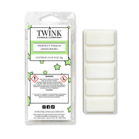Perfect Pooch inspired 50g soy wax melt snap bar in its packet beside the unwrapped bar and its five segments