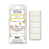 Pineapple inspired 50g soy wax melt snap bar in its packet beside the unwrapped bar and its five break-apart segments