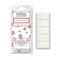 Pink Lemonade 50g soy wax melt snap bar in its packet beside the unwrapped bar and its five break-apart segments