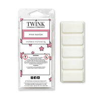 Pink Sands inspired 50g soy wax melt snap bar in its packet beside the unwrapped bar and its five break-apart segments