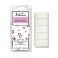 Pink Tulip & White Jasmine inspired 50g soy wax melt snap bar in its packet beside the unwrapped bar and its five segments