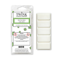 Pistachio & Gelato inspired 50g soy wax melt snap bar in its packet beside the unwrapped bar and its five segments