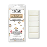 Pistachio & Salted Caramel inspired 50g soy wax melt snap bar in its packet beside the unwrapped bar and its five segments