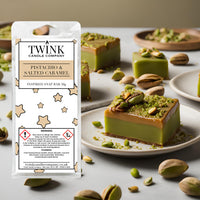 Pistachio & Salted Caramel inspired soy wax melt snap bar by Twink Candle Company, with pistachio and caramel slices