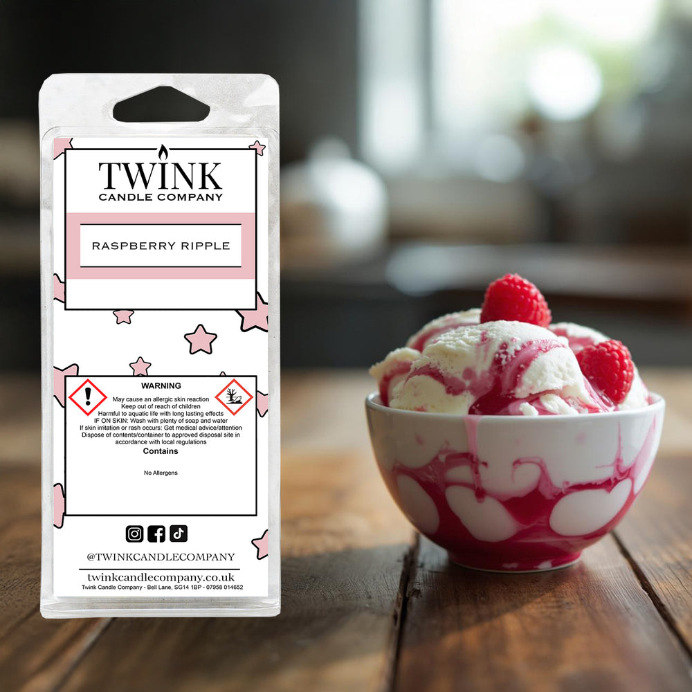 Raspberry Ripple inspired soy wax melt snap bar by Twink Candle Company, beside a bowl of raspberry ripple ice cream