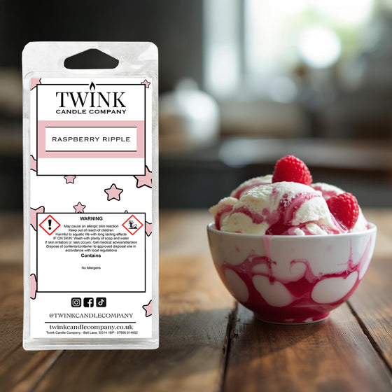 Raspberry Ripple inspired soy wax melt snap bar by Twink Candle Company, beside a bowl of raspberry ripple ice cream