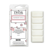 Raspberry Ripple inspired 50g soy wax melt snap bar in its packet beside the unwrapped bar and its five segments