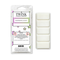 Raspberry & Mint inspired 50g soy wax melt snap bar in its packet beside the unwrapped bar and its five segments