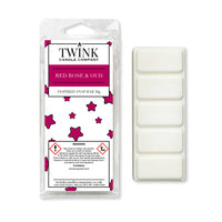 Red Rose & Oud inspired 50g soy wax melt snap bar in its packet beside the unwrapped bar and its five break-apart segments