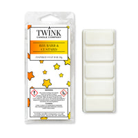 Rhubarb & Custard 50g soy wax melt snap bar in its packet beside the unwrapped bar and its five break-apart segments